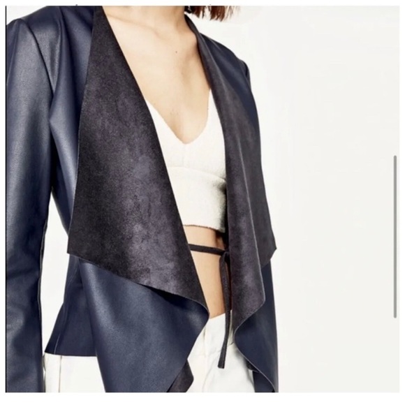 Zara Navy Blue Faux Leather / Suede Waterfall OPen Blazer Jacket - Picture 1 of 11
